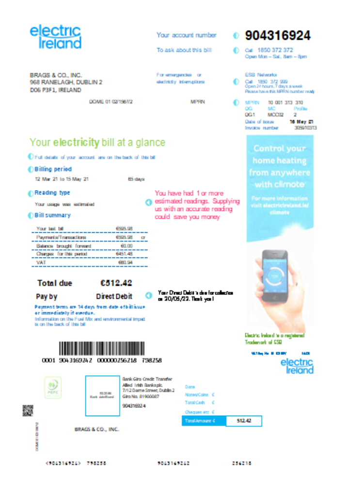 Electric Ireland utility business bill SCR PSD template